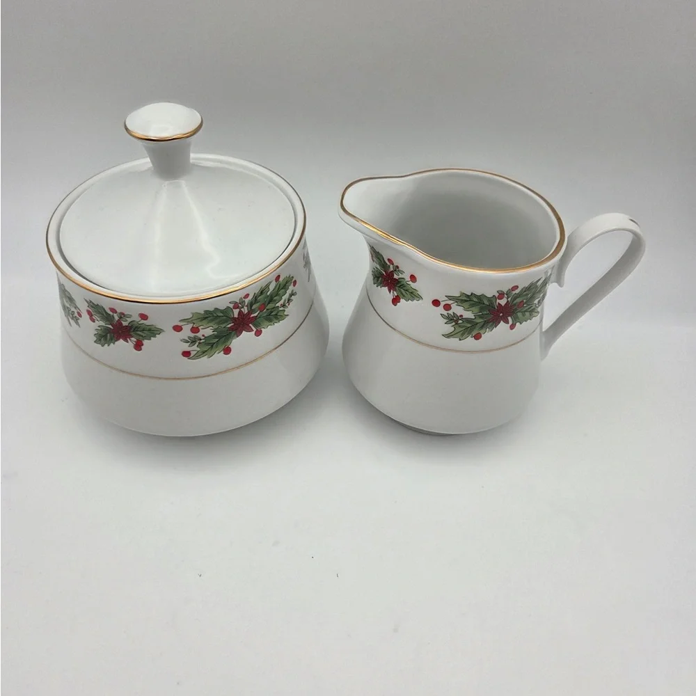 Vintage Lynns Fine China Cream and Sugar Set- Christmas Edition-goldtone trim